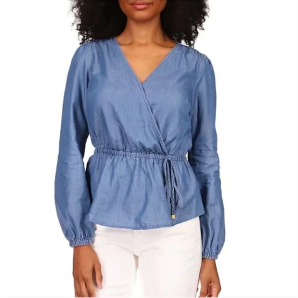 MICHAEL Michael Kors Denim Long Sleeve Faux Wrap Top, Medium